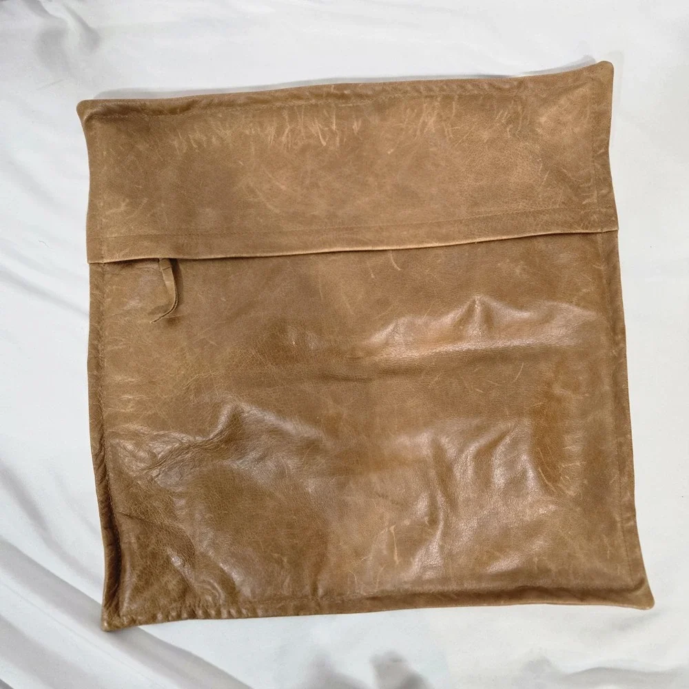 Genuine Leather Pillow Cover 20x20 Cognac Tan Brown Patchwork Square Rustic